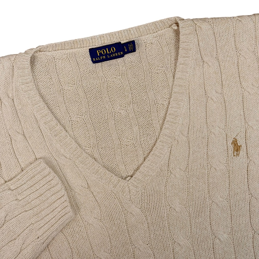 Polo Ralph Lauren Sweater Women L Beige Cable Knit Cotton V-Neck Fisherman Core